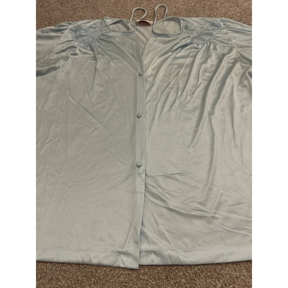 Kayser Bed Jacket Women XL Blue Excellent Vintage Lace Trim Button Front USA
